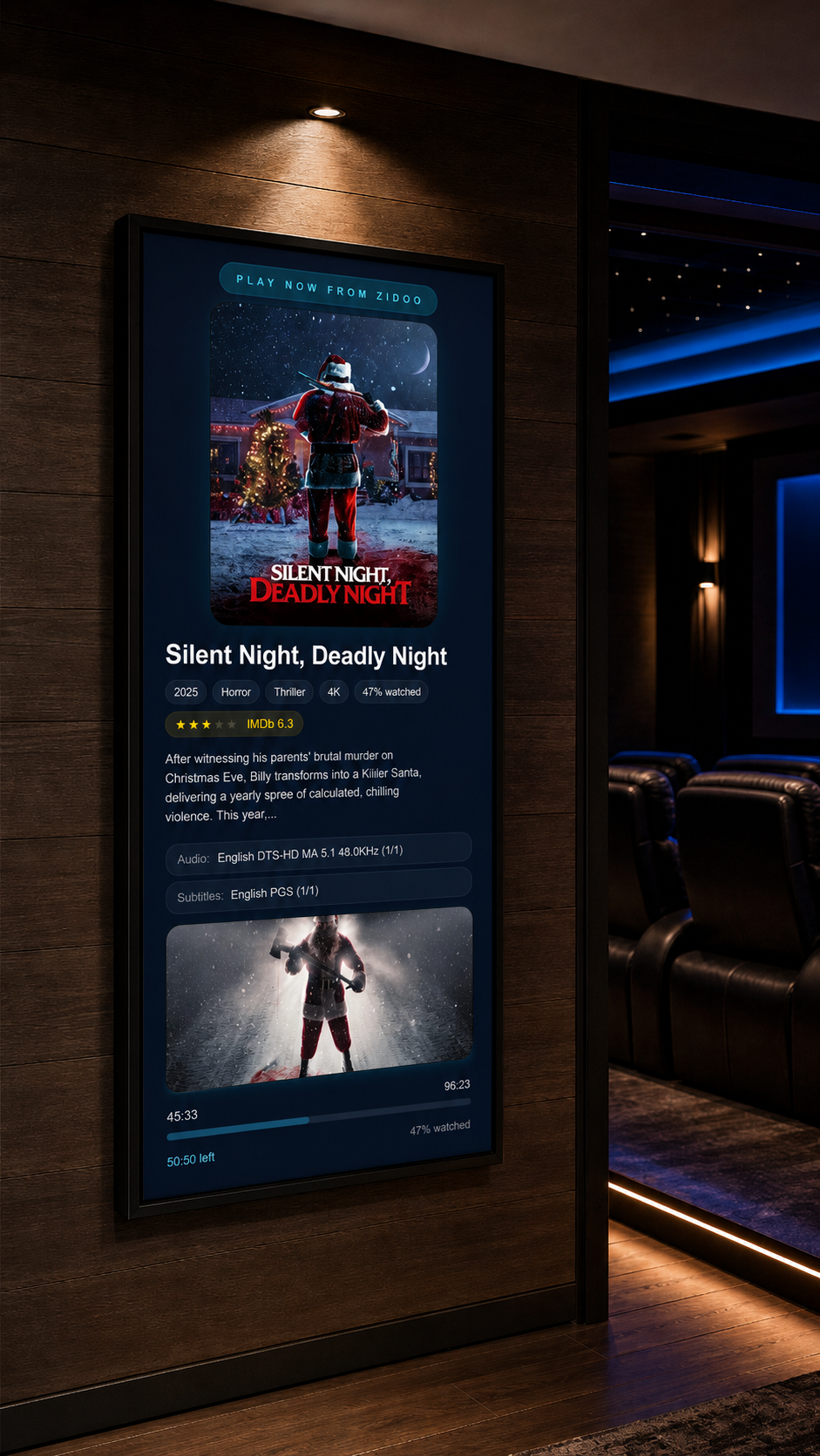 Dedicated Poster Player Now Playing wall screen beside a cinema room