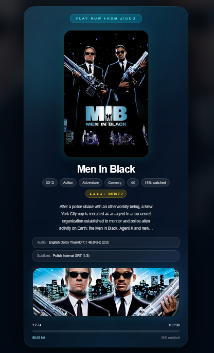 Poster Player Play Now screen showing Men In Black playback